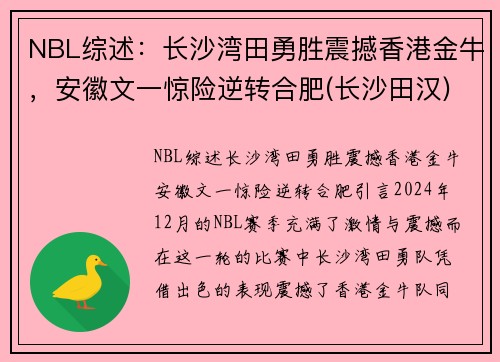 NBL综述：长沙湾田勇胜震撼香港金牛，安徽文一惊险逆转合肥(长沙田汉)
