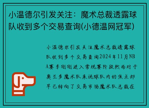 小温德尔引发关注：魔术总裁透露球队收到多个交易查询(小德温网冠军)