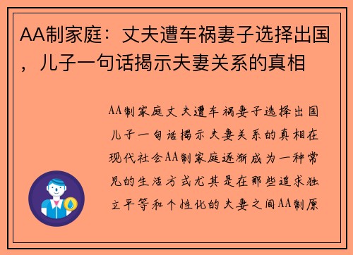 AA制家庭：丈夫遭车祸妻子选择出国，儿子一句话揭示夫妻关系的真相